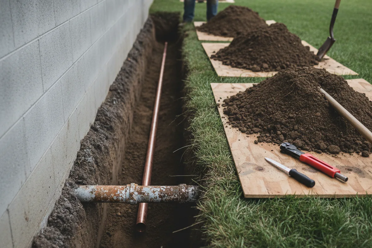 Excavated water line trench during Sewer Line Repair in Vermont